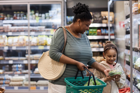 Portrait of mother shopping in supermarket with little daughter and buying vegetablesの写真素材