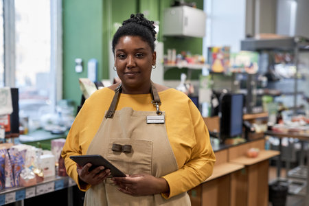 Waist up portrait of real black woman enjoying work in supermarket and looking at cameraの写真素材