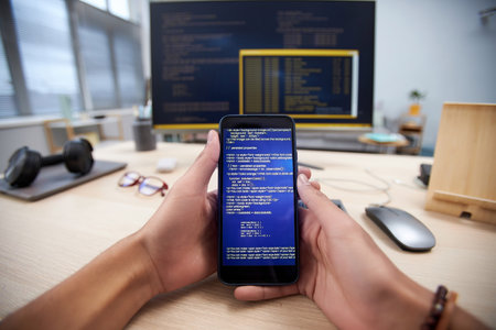 POV of male hands holding smartphone with code lines while programming mobile app, copy spaceの写真素材