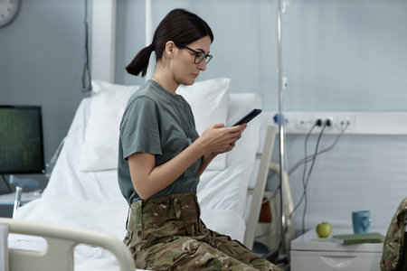 Young female soldier typing message on smartphone while sitting on bed in wardの写真素材