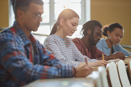 Group of students sitting at desk in a row and making notes during lecture at college