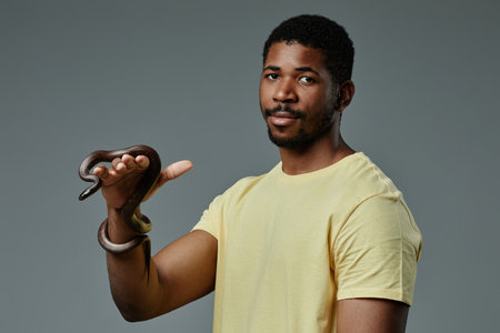 Young African American man in yellow t-shirt standing in isolation and holding rat snake enlacing...