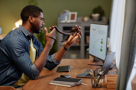 Young businessman with rat snake in hands analyzing graphic data on computer screen while sitting by...