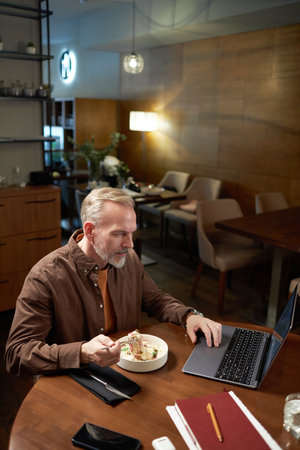 Mature man using laptop while having lunch sitting at table in restaurantの写真素材