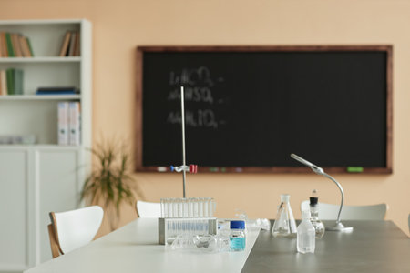 Background image of empty science lab interior in school classroom with copy spaceの写真素材