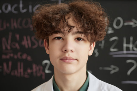 Front view portrait of teenage boy wearing lab coat in science class and looking at camera
