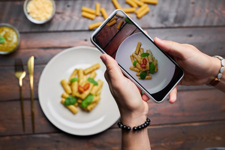 Top view of blogger making photo of food on wooden table on smartphoneの写真素材