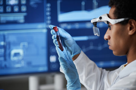 Side view of young male scientist wearing face shield in laboratory while doing blood tests