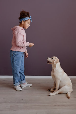 Vertical full length portrait of black little girl playing with dog indoors against purple wallの写真素材