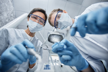Low angle portrait of female dentist performing dental surgery on patient in clinicの写真素材