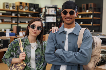 Waist up portrait of funky young couple wearing sunglasses while standing in music store and looking at cameraの写真素材