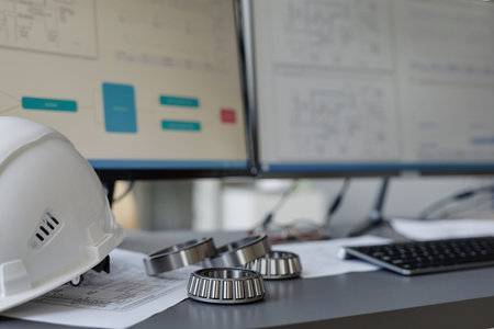 Closeup background image of steel mechanical parts on engineers workplace with blueprints, copy...
