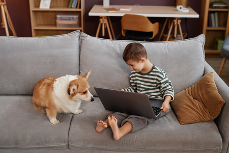 High angle portrait of smiling little boy with down syndrome using laptop  while sitting on sofa with cute dog, copy spaceの写真素材