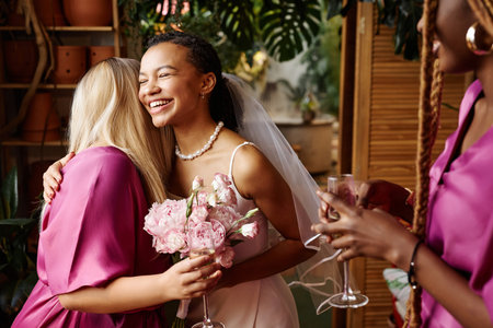 Waist up portrait of bridesmaids kissing young bride congradulation her during wedding partyの写真素材