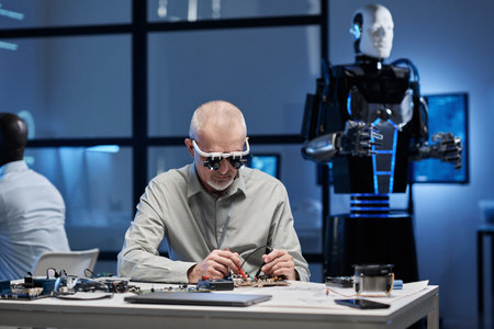 Mature engineer working with motherboard for development of robot in the labの写真素材