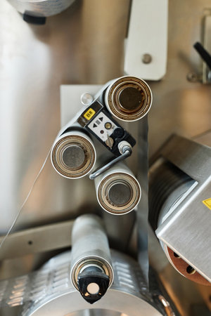 Top view background image of rotary machine part at industrial factory, copy space