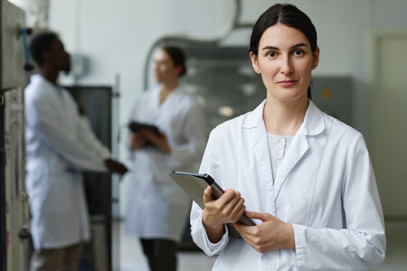 Waist up portrait of smiling adult woman wearing lab coat looking at camera in factory workshop and holding tablet, copy spaceの写真素材