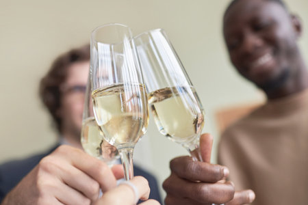 Closeup of people clinking champagne glasses in office and toasting during office party celebration, copy spaceの写真素材