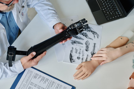 Top view background image of unrecognizable doctor demonstrating various arm prosthetics to young womanの写真素材