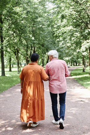 Vertical back view of happy senior couple walking on park lane together and datingの写真素材