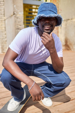 Full length portrait of young Black man wearing streetstyle outfit posing outdoors in urban settingの写真素材