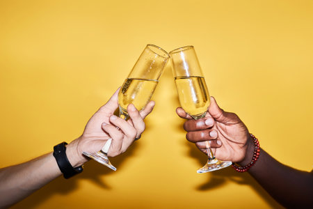 Close up of two people clinking champagne glasses against vibrant yellow background in celebrationの写真素材