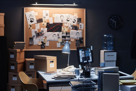 Background image of retro detectives office with evidence board lit by ambient lighting, copy spaceの写真素材