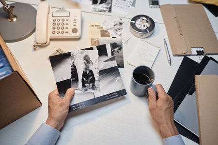 Top view closeup of male detective with hands holding pictures of evidence at desk, copy spaceの写真素材