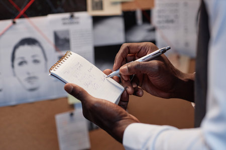 Closeup of detective writing in notebook while investigating case in office standing by evidence board, copy spaceの写真素材