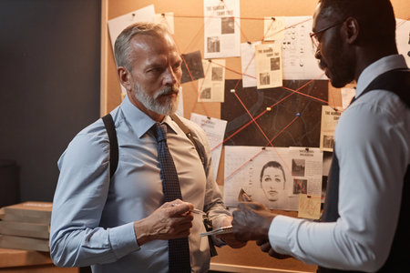 Waist up portrait of handsome mature detective talking to colleague during investigationの写真素材