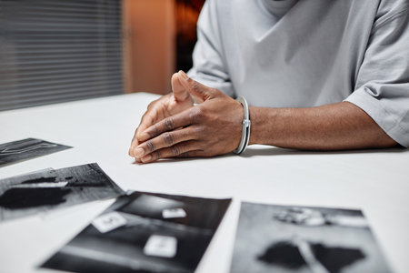 Close up of criminal wearing handcuffs during interrogation in police department, copy space
