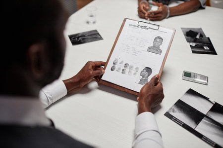 Close up of detective holding suspect personal file while investigating criminal case, copy spaceの写真素材