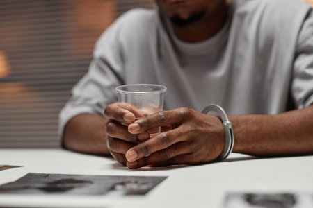 Close up of anonymous black man wearing handcuffs sitting at table in police department and holding glass of water, copy spaceの写真素材