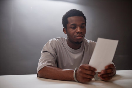 Portrait of Black young man looking at picture of evidence in police stationの写真素材
