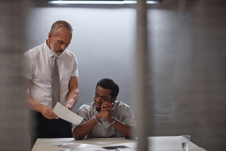 Portrait of young Black man in interrogation room with senior detective showing pictures of evidence, copy spaceの写真素材
