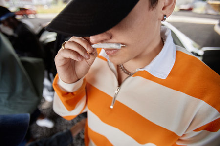 Close-up of young stylish male hip hop dancer in black cap and striped pullover holding joint with...