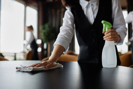 Close up of server wiping dining table in restaurant preparing for opening, copy spaceの写真素材