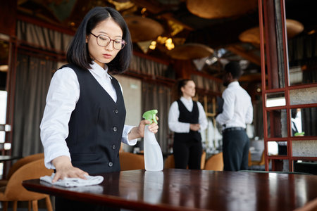 Waist up portrait of young Asian woman as server wiping tables in luxury restaurant preparing for opening, copy spaceの写真素材