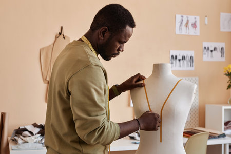 Side view of young black man putting sticky tape on chest of mannequin while making contour of new...