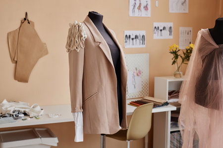New beige blazer with decoration on upper part of sleeve hanging on mannequin standing in spacious...