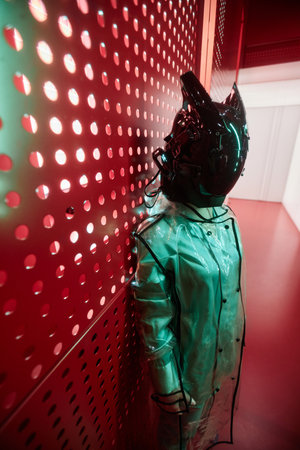 Futuristic portrait of anonymous person wearing faceless robot mask sci fi styleの写真素材