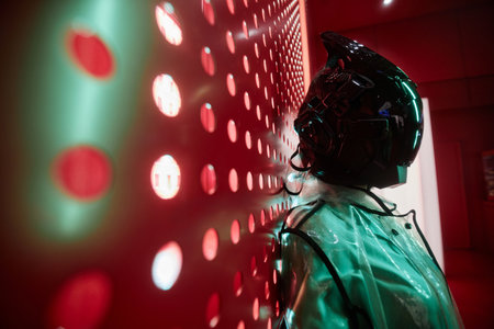 Futuristic side view portrait of person wearing black robot mask against red, copy spaceの写真素材