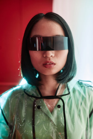 Vertical closeup portrait of young Asian woman wearing cyberpunk style sunglasses in futuristic setの写真素材