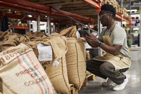 Side view portrait of Black young man using tablet in warehouse of coffee roastery and taking inventory review, copy spaceの写真素材