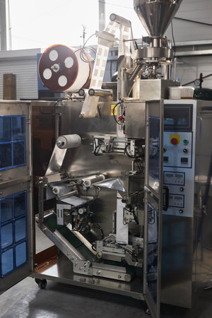Vertical full length shot of industrial packaging machine for drip coffee bags in workshopの写真素材