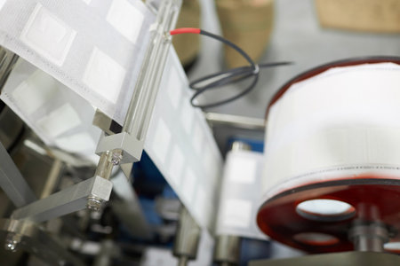 Closeup of production line for coffee drip filters at food factory, copy spaceの写真素材