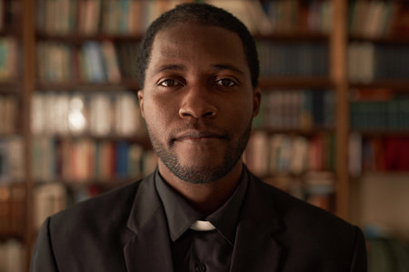 Closeup portrait of young African American priest looking at camera in church library settingの写真素材