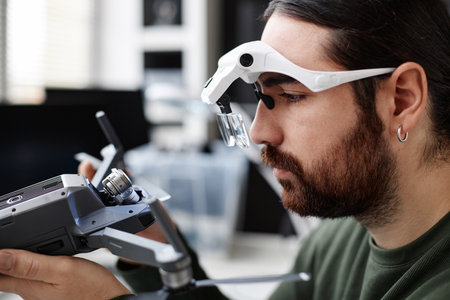 Side view closeup of bearded repairman inspecting quadcopter drone with action camera in workshopの写真素材