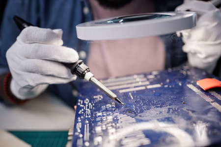 Closeup of repairman fixing circuit board with soldering iron in computer repair workshop, copy...
