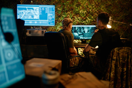 Two young officers sitting by workplace in front of computer screen with surveillance camera in command and control centerの写真素材